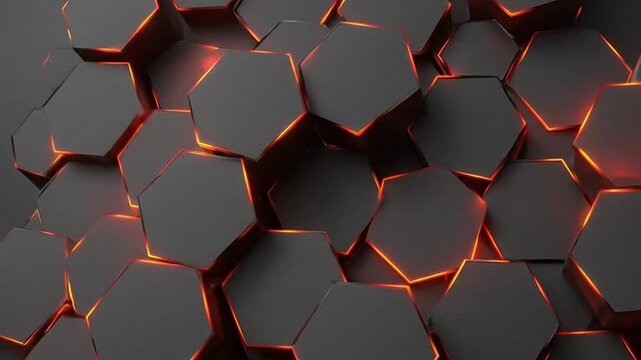 Futuristic dark grey hexagonal pattern with vibrant orange glowing neon light edges. Abstract digital technology background texture.
