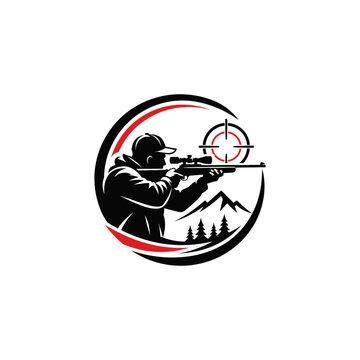 Hunter with rifle logo design emblem for outdoor adventure and hunting.