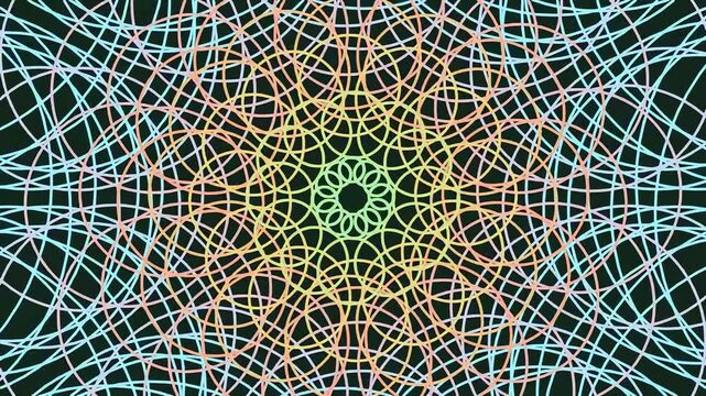 Abstract geometric background with intersecting colorful circular lines forming a complex mandala pattern.