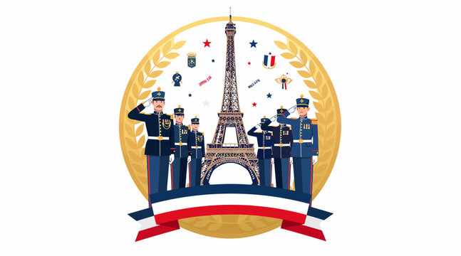 French military soldiers with Eiffel Tower and national flags
