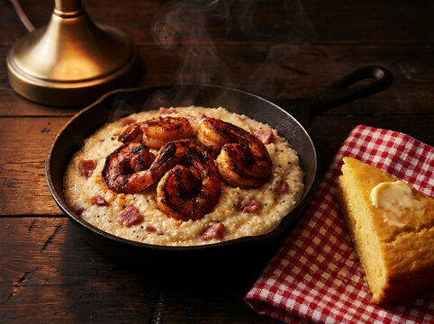 Appalachian farmhouse shrimp and grits skillet with smoked ham hock and cornbread