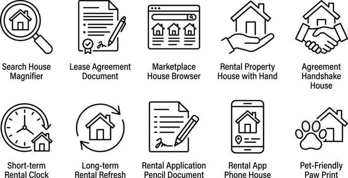 Ten linear housing rental process icons showing search magnifying glass lease documents and property portal.