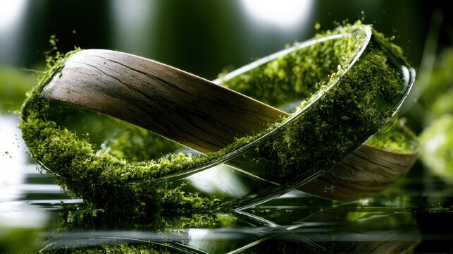 Moebius strip made of wood and glass covered in green moss