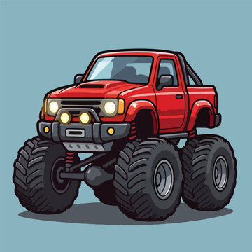 Red cartoon monster truck vehicle.