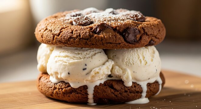 Delicious Chocolate Chip Ice Cream Sandwich with Cookies.