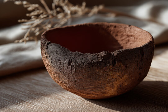 Rustic handmade pinch pot bowl with uneven organic rim and finger marks, dark textured terracotta clay surface on rustic wooden table, warm natural light, artisan pottery