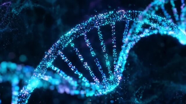 Glowing blue particle DNA double helix structure. Suitable for science, medicine, education, research, and technology.