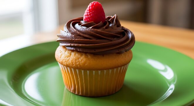 Delicious Chocolate Frosted Cupcake with Raspberry Topping on Green Plate.