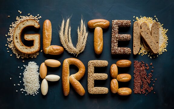 Gluten free food concept with bread and grains on dark surface