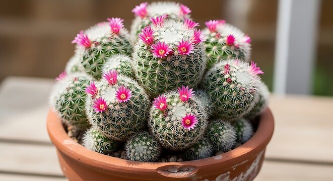 Decorative Succulent Plants in Pot with Pink Flowers and Gray Rocks.