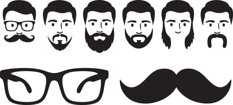 Facial hair accessories and glasses icons arranged horizontally on white