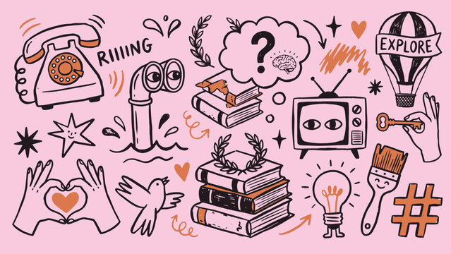 Creative doodle collage illustration with telephone binoculars books thought bubble TV balloon paintbrush key light bulb bird heart hands stars leaves and hashtag on pink background