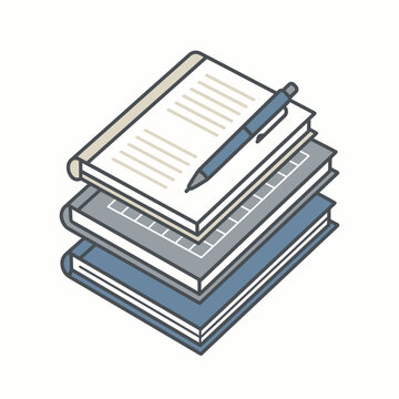 Isometric illustration of a stack of books and a writing pen.