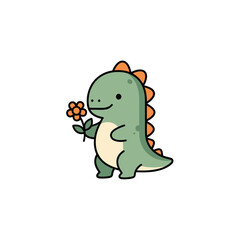 Cute cartoon dinosaur holding a flower. © bhinar