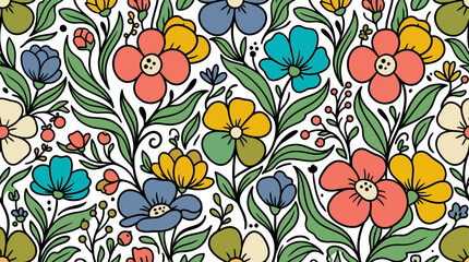 Fototapeta premium Seamless Hand Drawn Floral Pattern With Vibrant Flowers And Foliage.