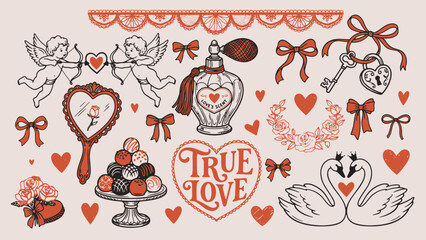 Romantic love themed illustration set with cherubs perfume key bows mirror roses chocolates wreath swans and heart symbol in red pink brown tones © Abdul Waheed Studio