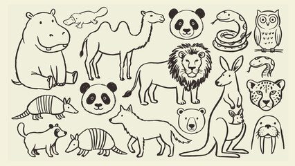 Cartoon animal illustration set with hippo camel panda snake owl lion kangaroo armadillo wolf bear leopard platypus and raccoon in simple line art © Abdul Waheed Studio
