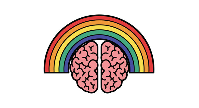 Human brain illustration under colorful arched rainbow icon.