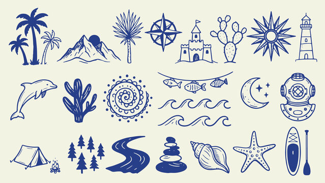 Coastal adventure themed illustration set with palm trees mountains sun sandcastle cactus lighthouse dolphin coral spiral fish waves diving helmet moon tent pine trees river stones seashell starfish a