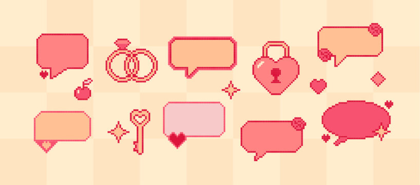 Pixel love speech bubbles with romantic elements - heart shaped lock with key and ring icons. Cute retro game style frames for valentine day cards, chat messages and digital invitation designs.