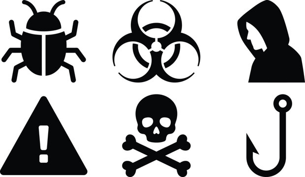 Set of cybersecurity threat icons flat black glyphs for digital protection and warning signs isolated on white background