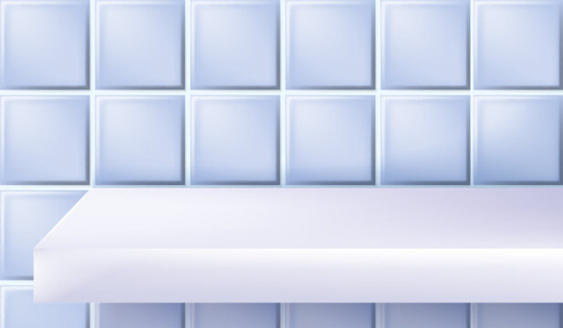 White podium on blue tile wall background for product presentation. Elegant bathroom shelf with ceramic mosaic pattern creates realistic 3D platform scene for kitchen or restroom display mockups.