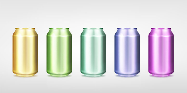 Drink can mockup with blank aluminum design isolated on white background. 3D realistic metal beverage template for glossy colorful energy soda packaging and showcasing drink brand label.