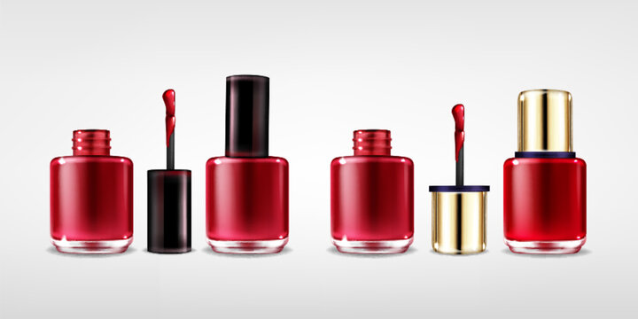 Polish bottles of red varnish for nails with black and golden caps. Realistic cosmetic mockup of open and closed containers with brush applicators. Elegant manicure product template design.