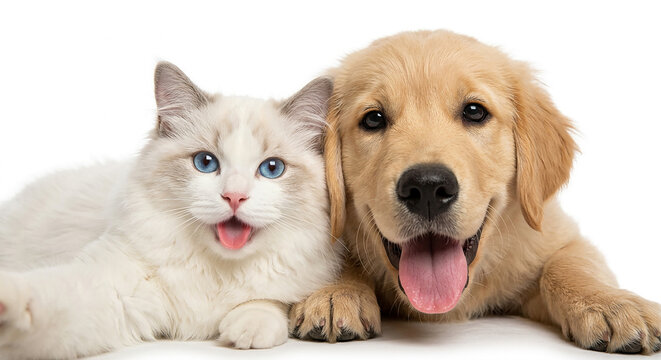 Happy golden retriever puppy and cute ragdoll cat lying down together on white background