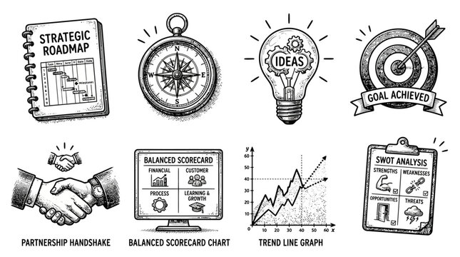 Comprehensive business strategy vector icon set featuring hand-drawn sketches of roadmap, goals, SWOT analysis, and analytical charts for corporate planning