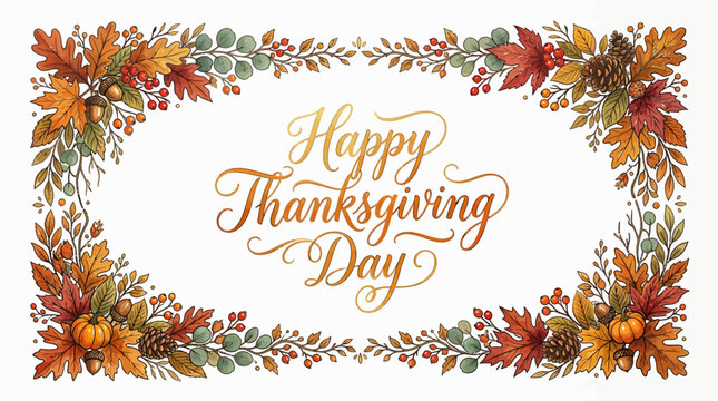 Happy Thanksgiving Day Autumn Wreath Hand-Drawn Floral Border