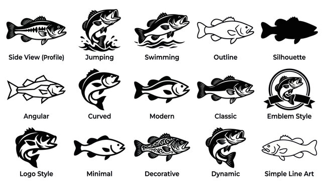 Bass fish logo set in various graphic styles.