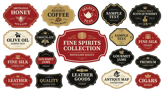 Vector collection of various elegant labels for artisanal products like honey, coffee, fine silk, and spirits