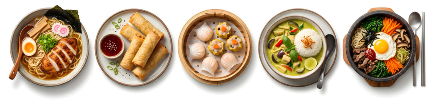 Asian cuisine dishes including ramen, spring rolls, dim sum, green curry, and bibimbap are arranged in a horizontal row on a white background.