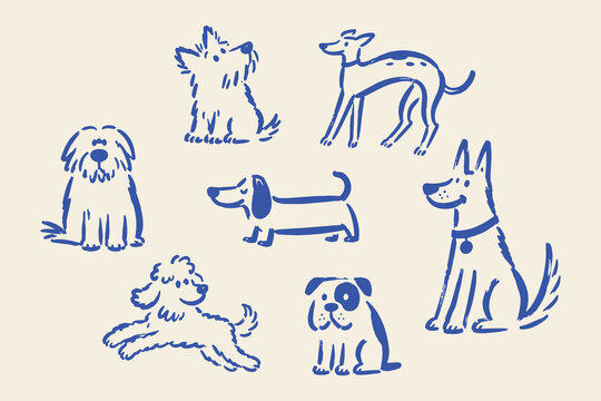 Dog Breeds Set Naive Doodle Vector Illustration