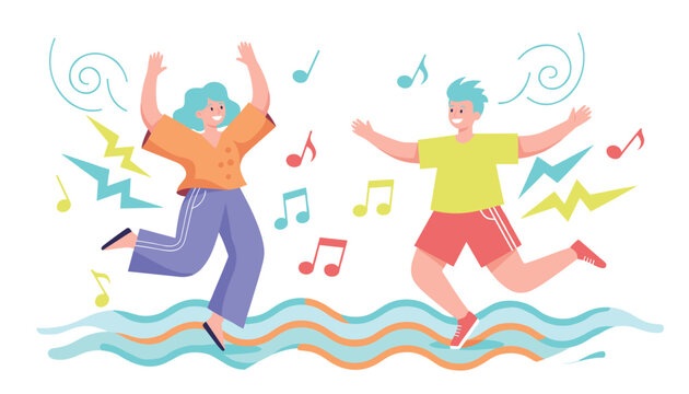 Energetic young man and woman jumping and dancing to upbeat music, surrounded by vibrant musical notes and wave lines.