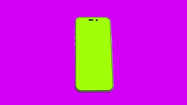 Smartphone green screen mockup centered on bright purple background for mobile app presentation smartphone mockup, green screen, purple background, blank display, chroma key, screen replacement, mobil