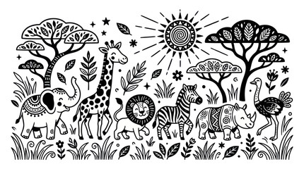 African animals and savanna plants coloring page. © ahmad