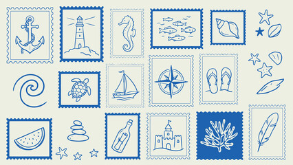 Nautical and beach themed stamp illustration set with anchor lighthouse seahorse fish seashell wave turtle sailboat compass flip flops watermelon stones bottle sandcastle coral leaves and starfish in  © Abdul Waheed Studio