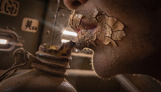 Thirsty person with cracked lips drinking water from a dusty canteen