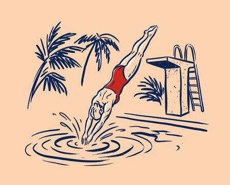 Vintage diver illustration, swimming pool art, retro summer, tropical palm trees, diving board graphic, mid-century style, swimmer print
