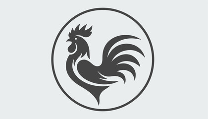 Fototapeta premium Modern rooster silhouette logo design in monochromatic grey circle representing morning vitality and agriculture.