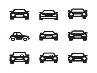 Obraz premium Black Car Silhouette Icon Set Displaying Various Vehicle Front Views Minimalist