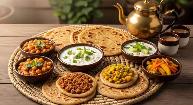 Indian breakfast platter features golden brown parathas with spiced chickpeas and yogurt bowls.