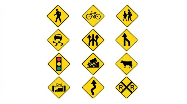 Various road traffic warning signs that provide guidance to drivers and pedestrians for safety on highways.
