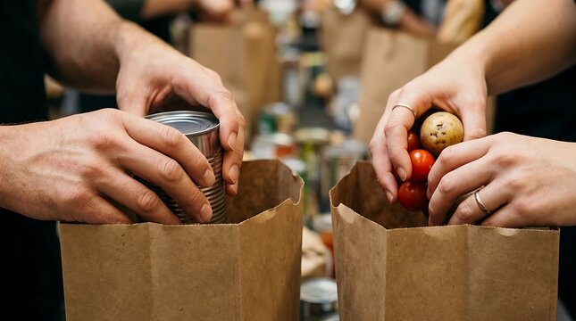 Volunteers organizing food donations into brown paper bags for community support and grocery distribution at a local food bank pantry service center