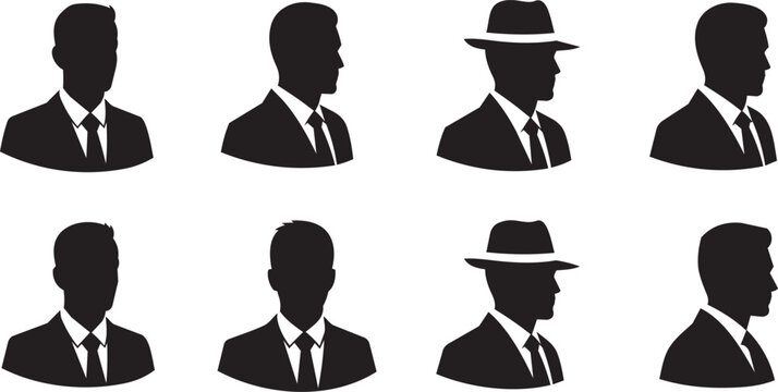 Male business silhouettes in suits and hats against a white background vector illustration