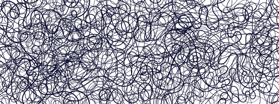 Chaotic stress seamless pattern with tangled spiral black line creating an anxious, depressed mood through random scribbles and messy strokes on transparent bg. Vector wiggly scrawl doodle print