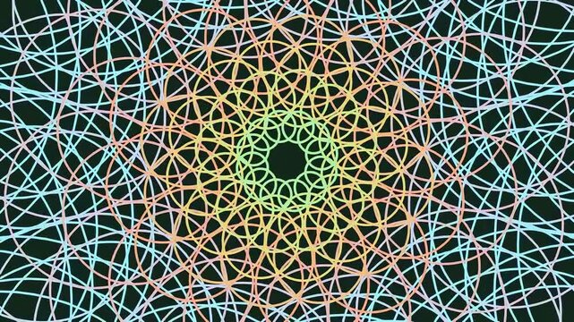 Abstract geometric pattern with intersecting colorful circles on a dark background.