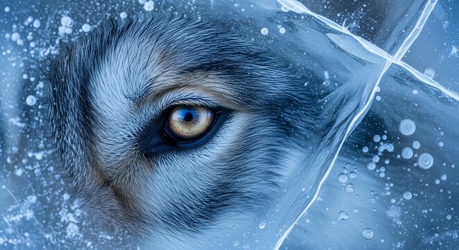 Close up of a mystical blue wolf eye in ice.